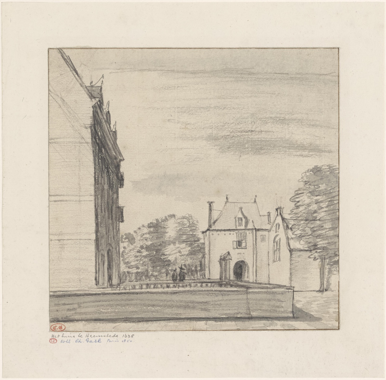 Zijaanzicht en poortgebouwen van kasteel Heemstede, verso: Omtrekschets van het poortgebouw