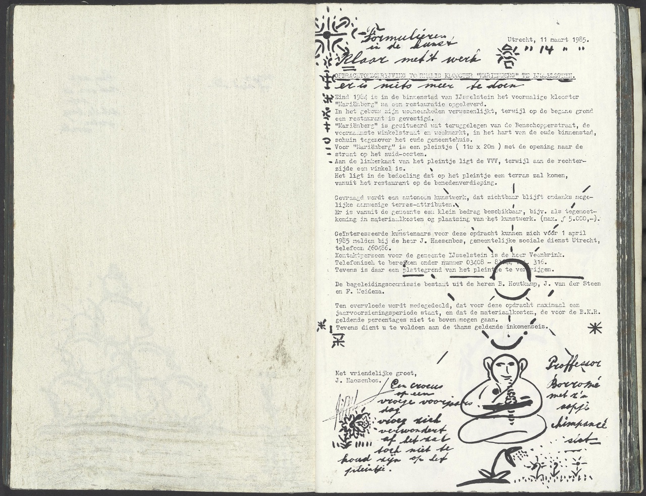 Schetsboek met tekeningen en getypte gemeentelijke nota's en verordeningen