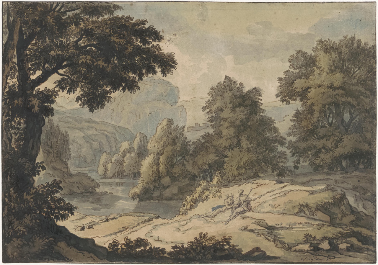Arcadisch berglandschap met twee figuren, verso: Arcadisch berglandschap