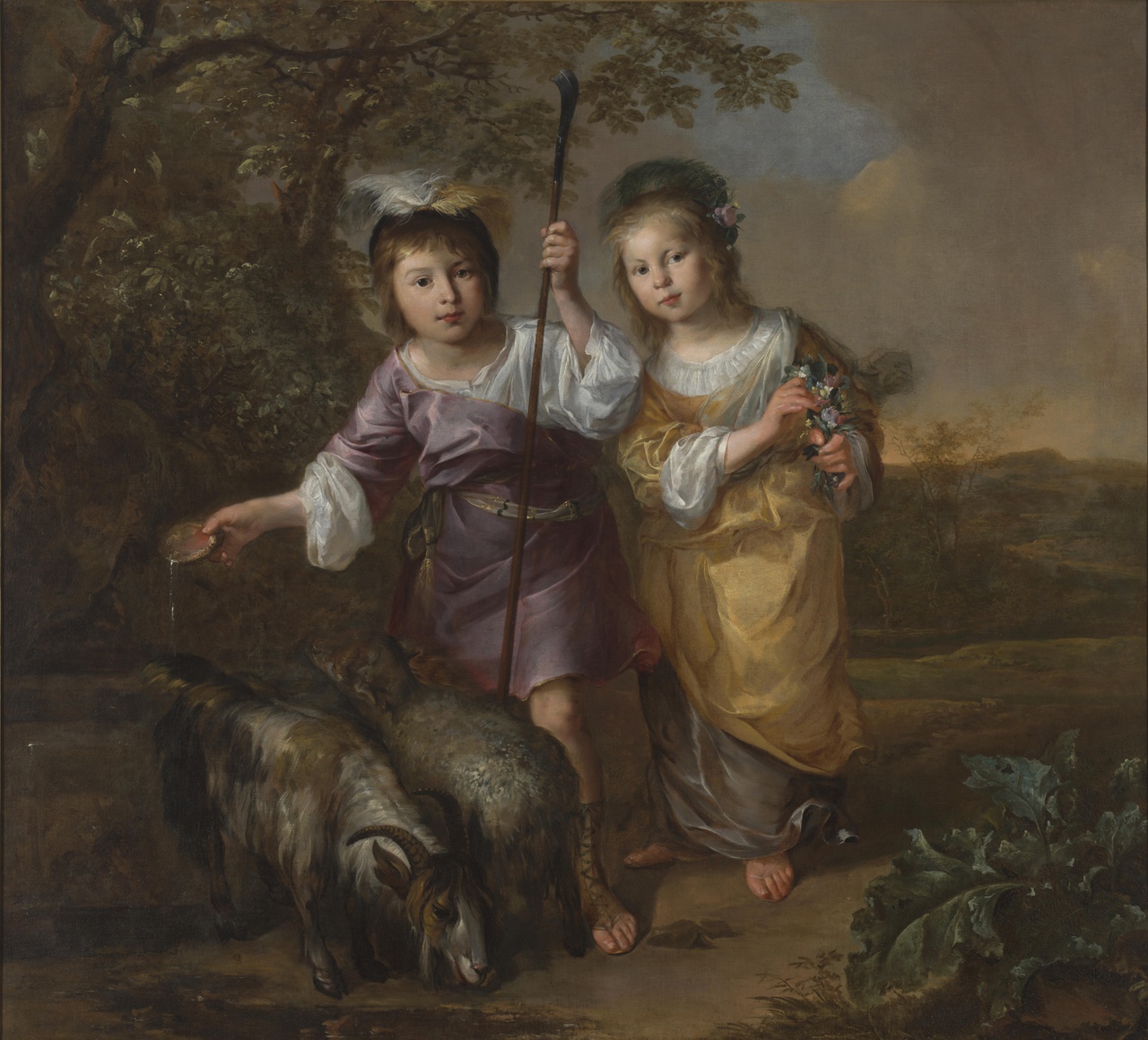 Portret van twee kinderen in pastorale kleding