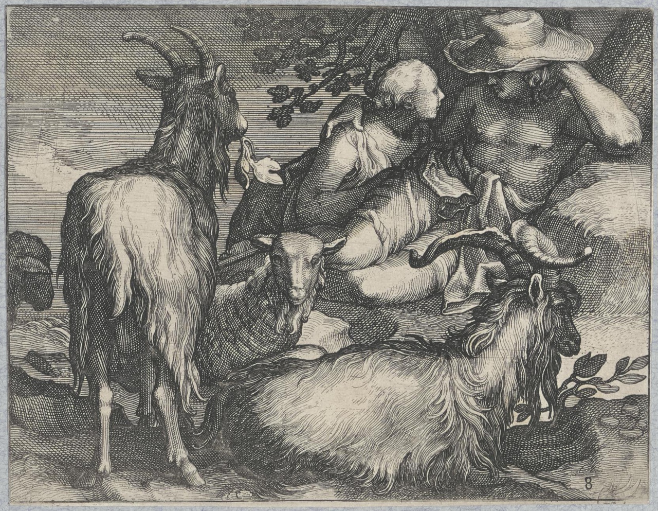 Minnekozend herderspaar bij hun kudde geiten en schapen