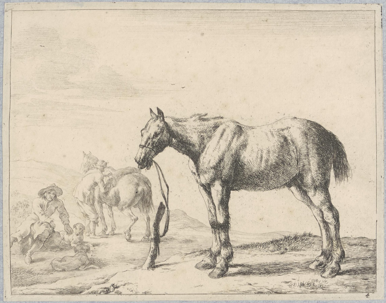 Twee rustende ruiters bij hun paarden en twee honden