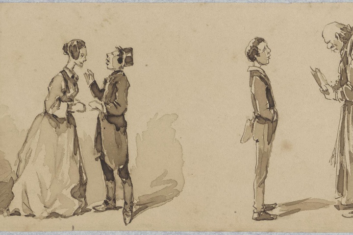 Vier figuren: een man en vrouw; een jongen en een oude man (studie)
