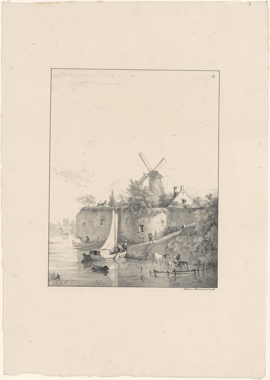 Stadswal met molen en aanlegplaats aan het water