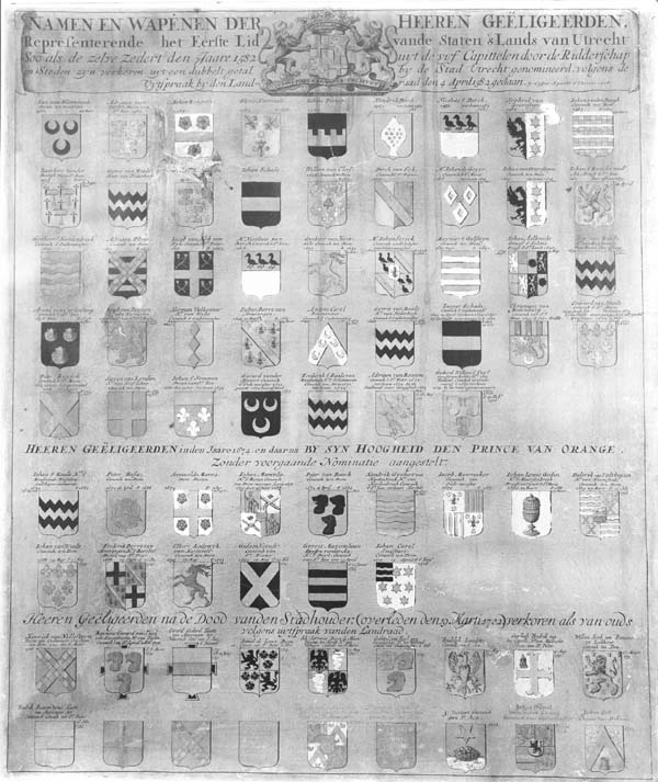 Wapenkaart met de namen en wapens van de leden van de vroedschap van Utrecht