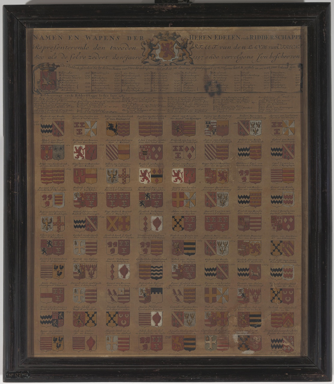 Wapenkaart met namen en wapens van de presidenten en ordinaris raden van het Hof van Utrecht 1530-1776