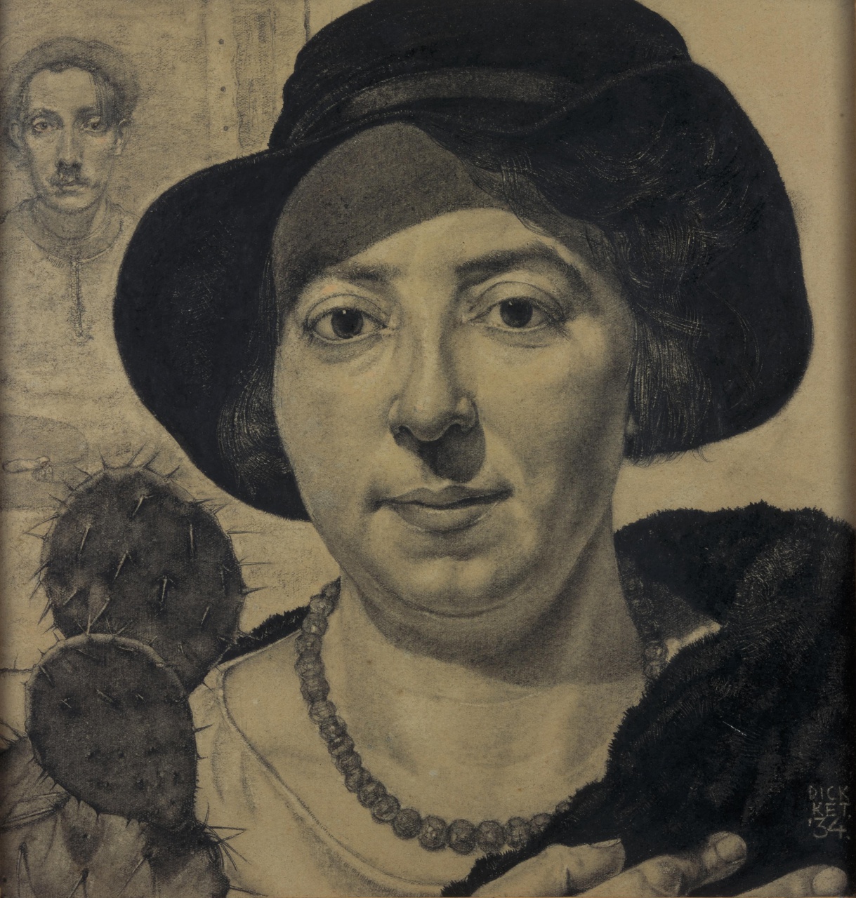 Portret van Nel Schilt met zelfportret van de kunstenaar op de achtergrond