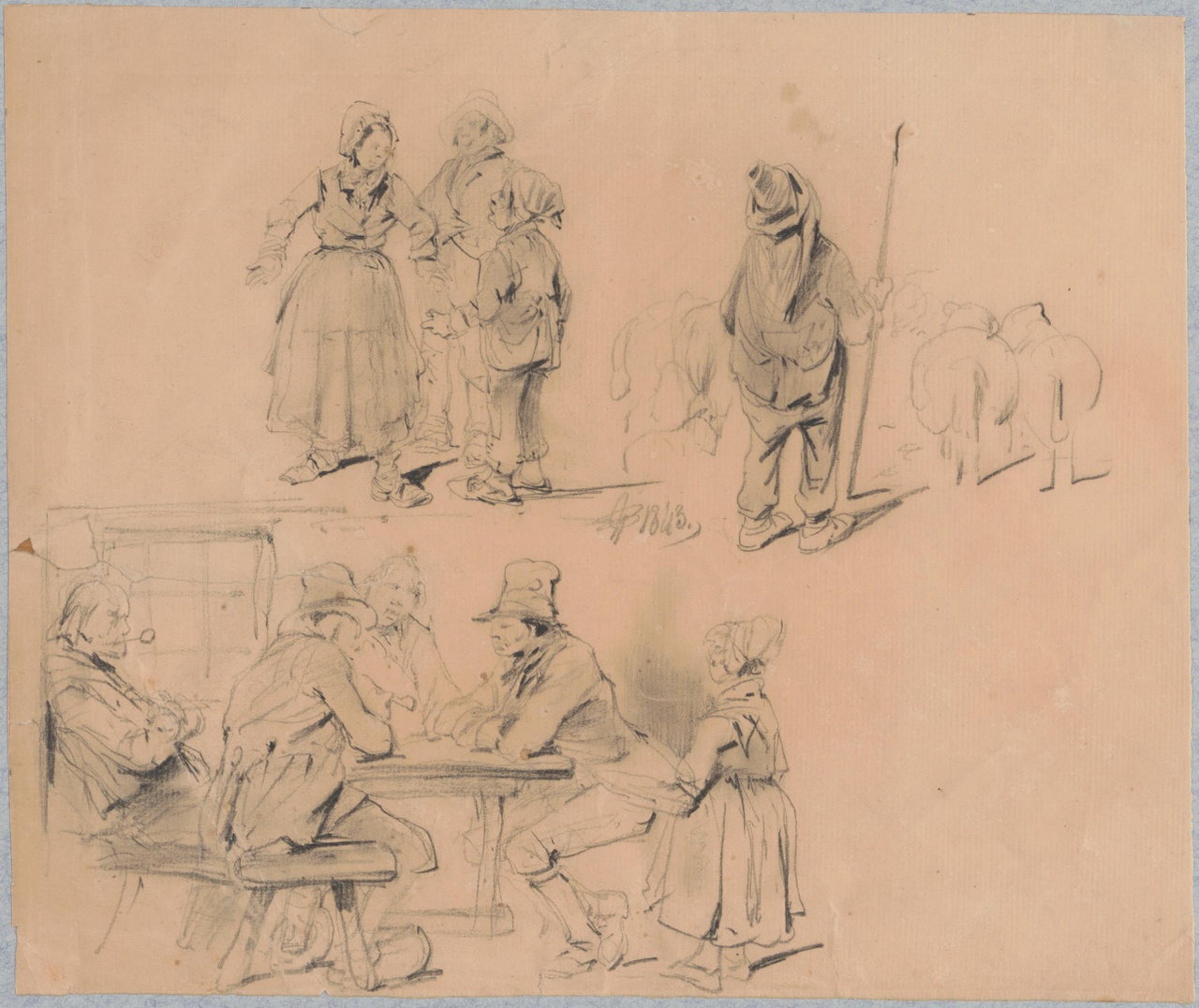 Studieblad met drie voorstellingen: drie pratende figuren; schaapherder; vier mannen rond een tafel