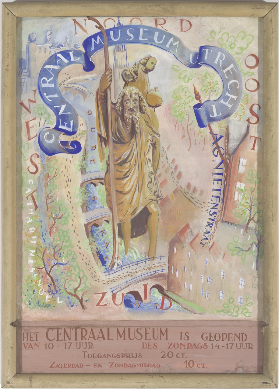 Compositie voor reclame voor het Centraal Museum, voorstellende St. Christoffel, wadende door de Oudegracht