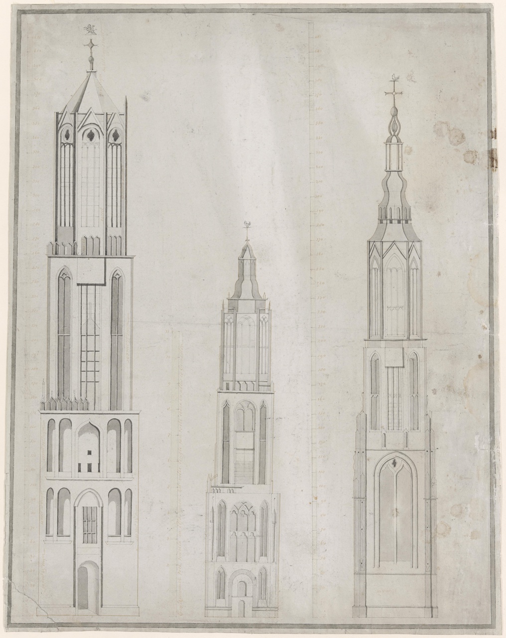 Bouwkundige tekening van de Domtoren , de Cuneratoren te Rhenen en de O.L.V. toren te Amersfoort