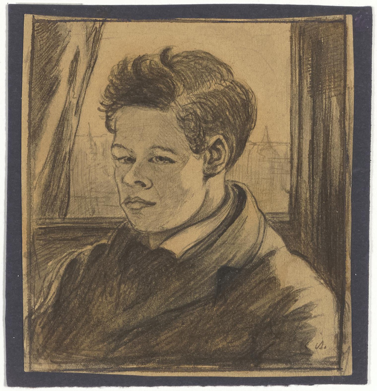Portret van een jongeman voor een venster