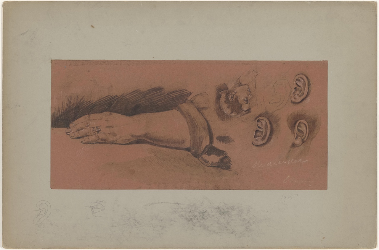 Studieblad, een oor (4x), een hand met onderarm en een portretje van een jongen en profil