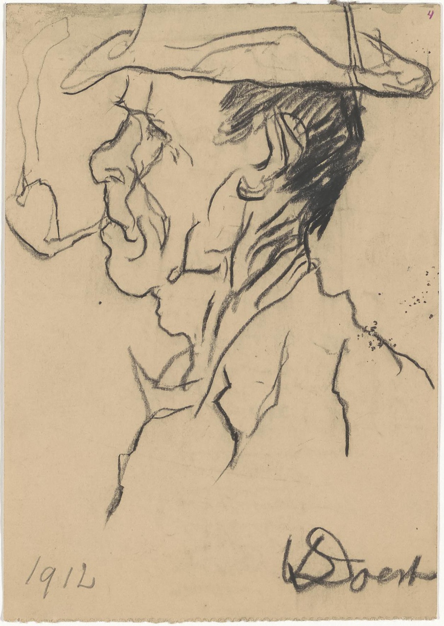 Mannenportret en profil met pijp en hoed