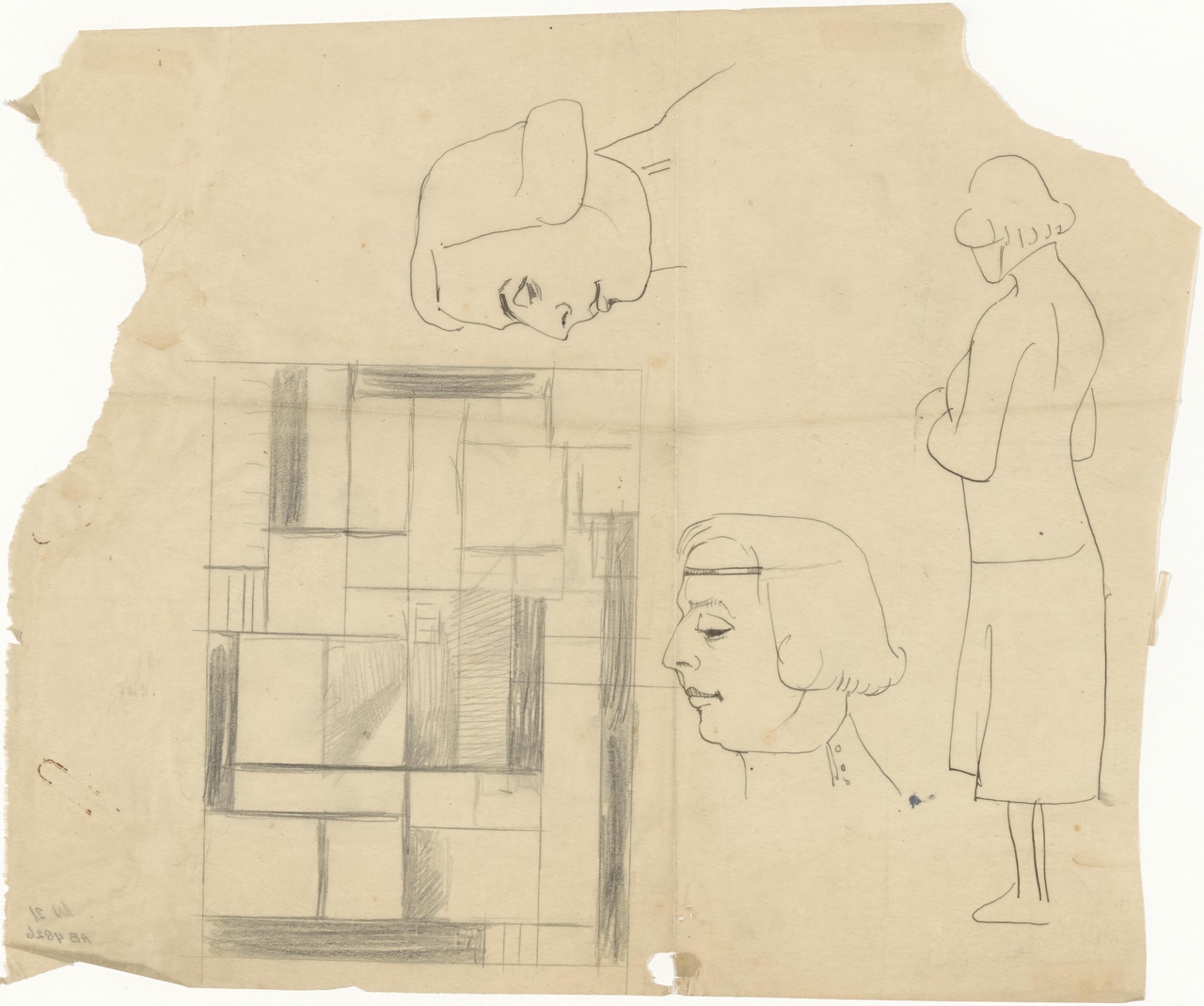 Staande vrouw, twee vrouwenhoofden en een abstracte compositie