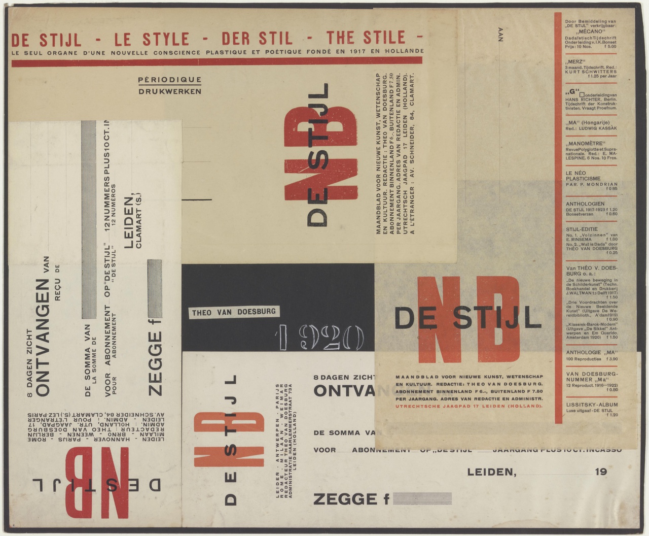Typografie voor De Stijl, kwitantie Frans/Nederlands, kwitantie  Nederlands, twee versies van de verzendwikkel
