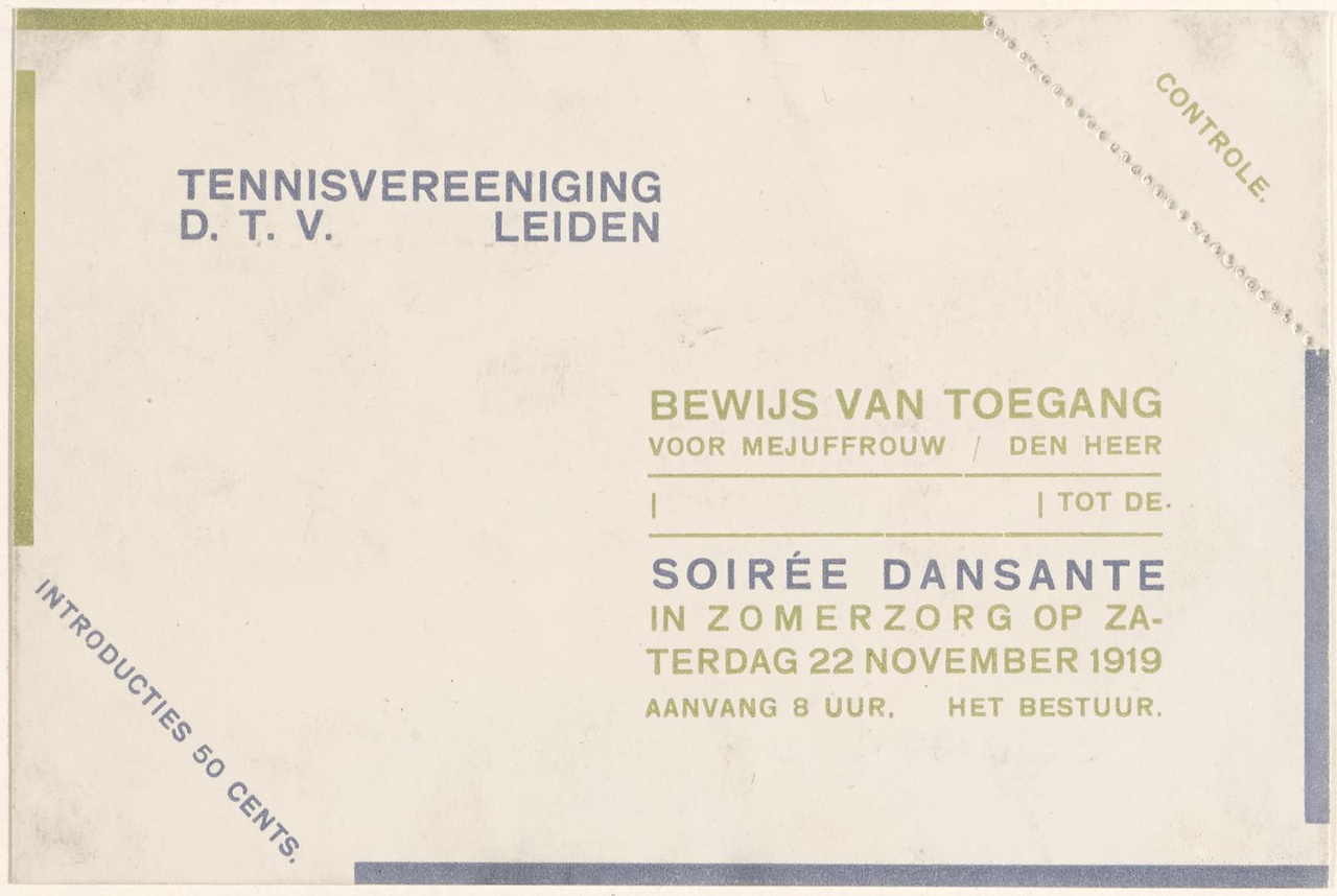 Toegangsbewijs soiree dansante van Tennisvereeniging D.T.V. Leiden