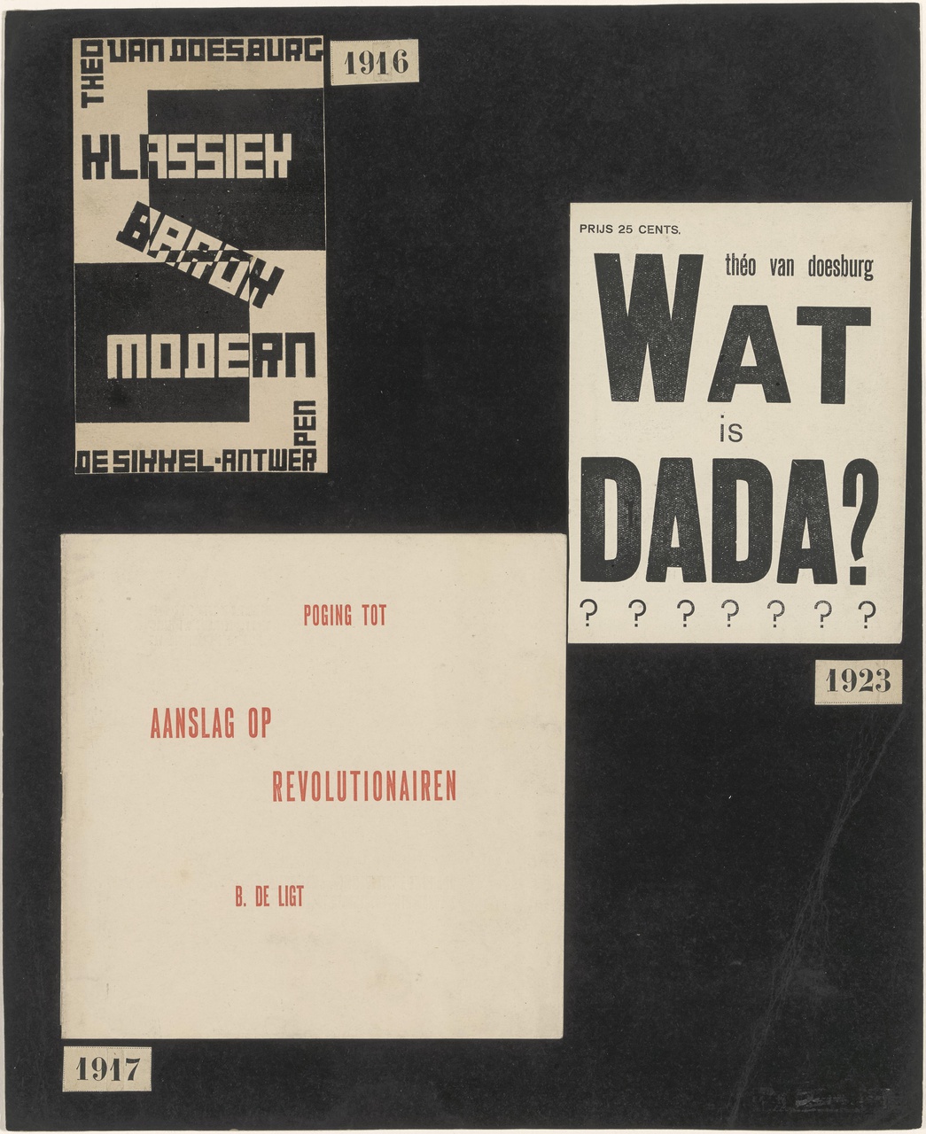 Omslag van twee boeken (Klassiek, barok, modern uit 1922 en Poging tot aanslag op revolutionairen van B. de Ligt) en de omslag van de brochure Wat is Dada?