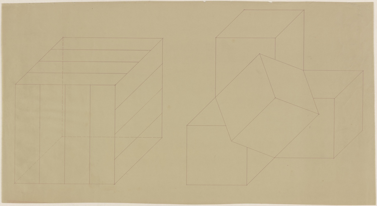 Kubus met constructielijnen en constellatie van vier kubusvormige ruimten