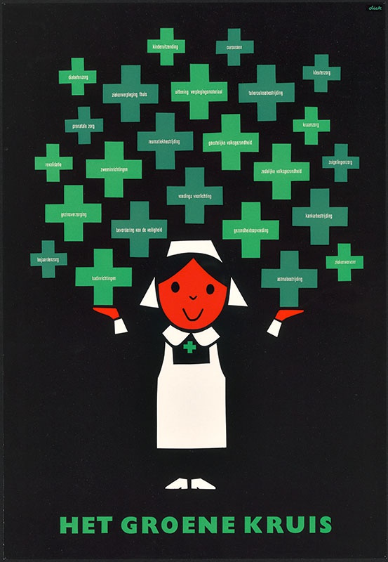 'Het groene kruis', met in de groene kruisjes alle taken van de organisatie