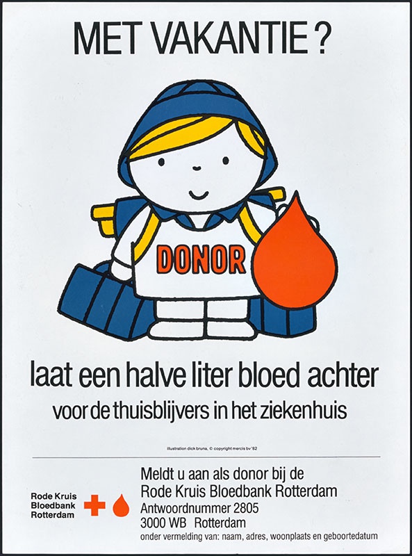 'met vakantie? laat een halve liter bloed achter voor de thuisblijvers in het ziekenhuis', in opdracht van de Stichting Rode Kruis Bloedbank in Rotterdam