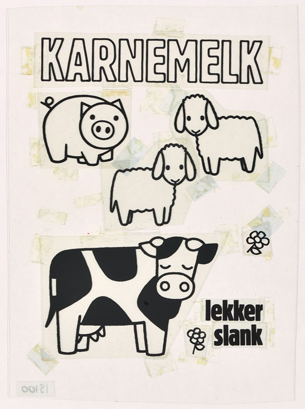 Karnemelk, lekker slank [koe, varken en twee schapen tussen bloemen]