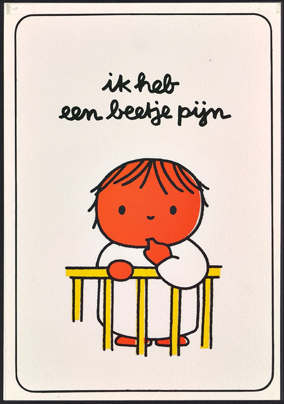 ik heb een beetje pijn (waarschijnlijk van het eerste tandje), affiche ter bevordering van de relatie kind-ouders, in opdracht van Bureau Gezondheidsvoorlichting en -opvoeding in Den Haag [aangetroffen in doos met als titel: 'affiches', kind in de box]
