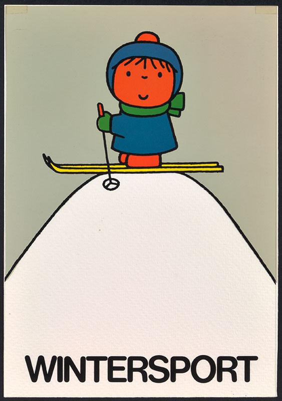 wintersport, affiche ter bevordering van wintersportl [aangetroffen in een doos met de titel: 'affiches', meisje op ski's boven op een berg]