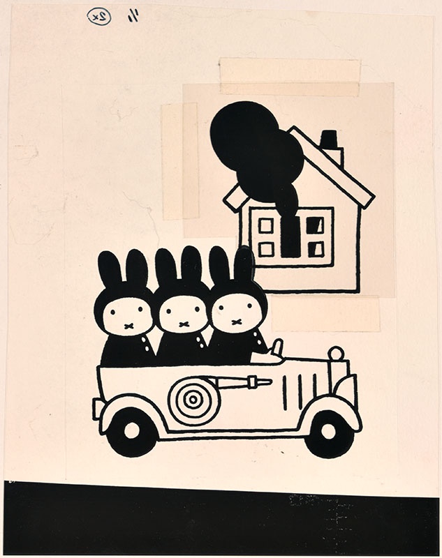 drie konijnen in een brandweerauto met op de achtergrond een brandend huis [vergelijk het kinderboek: snuffie en de brand; niet gebonden aan een kinderboek]