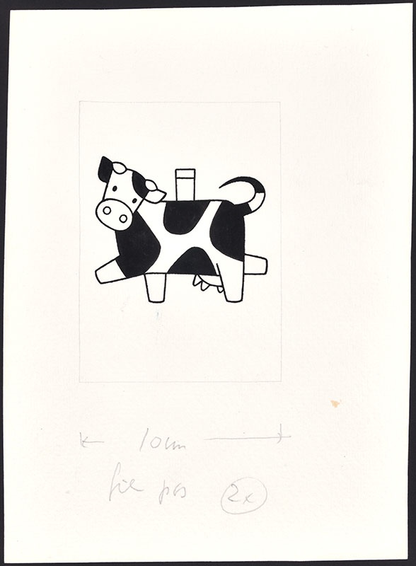 dansende koe met beker op zijn rug [affiche of brochure voor (karne)melk]