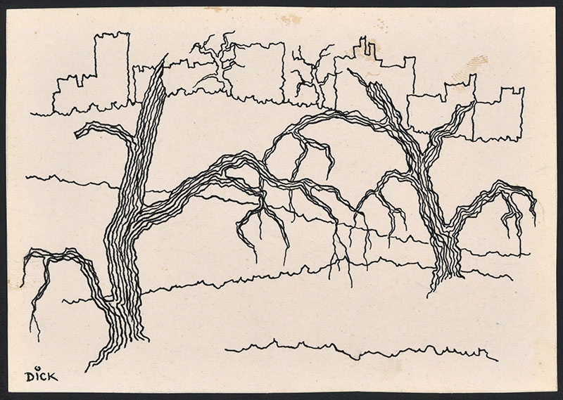 vroeg werk: landschap met bomen op de voorgrond geïnspireerd op het boek: 'kinderen kwamen tot hem', geschreven door Nevil Shute