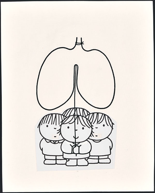 vier kinderen met een ballon in de vorm van longen (waarschijnlijk illustratie voor astma patientjes)