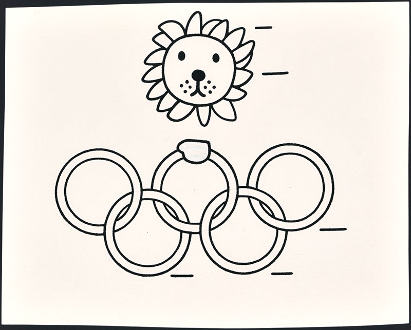 een kop van een leeuw met daaronder het symbool van de Olympische Spelen (in elkaar grijpende ringen)