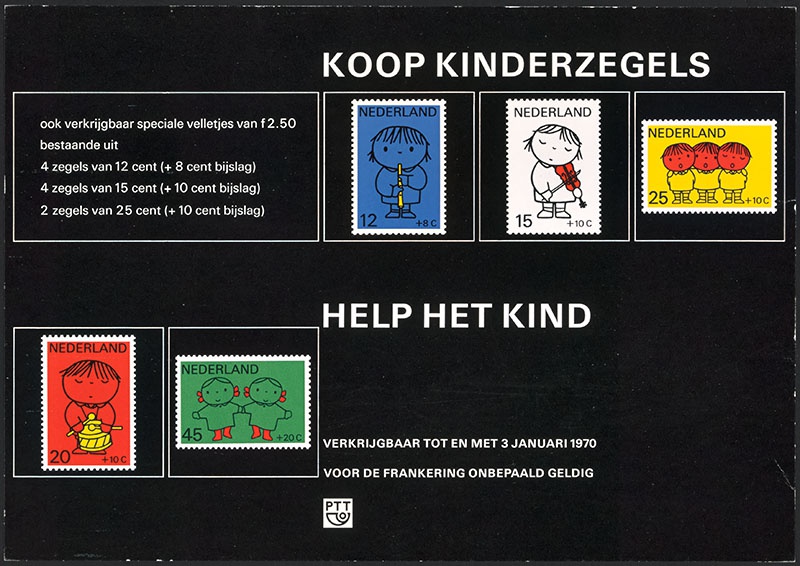 'koop kinderzegels, help het kind' ter promoting van de kinderpostzegel 1969 met als thema kind en muziek, in opdracht van de PTT