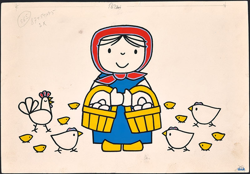 boerin met manden eieren en kippen [een van de 5 platen voor de kinderkamer, getekend door Dick Bruna]