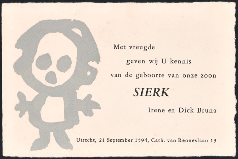 geboortekaartje van Sierk, oudste zoon van Irene en Dick Bruna
