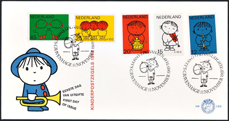 eerste dag van uitgifte (eerste dagsenvelop) van de kinderpostzegels 1969 met als thema kind en muziek