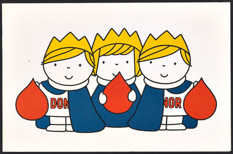 dubbele prentbriefkaart ter promotie van het geven van bloed in opdracht van de Stichting Rode Kruis Bloedbank in Rotterdam