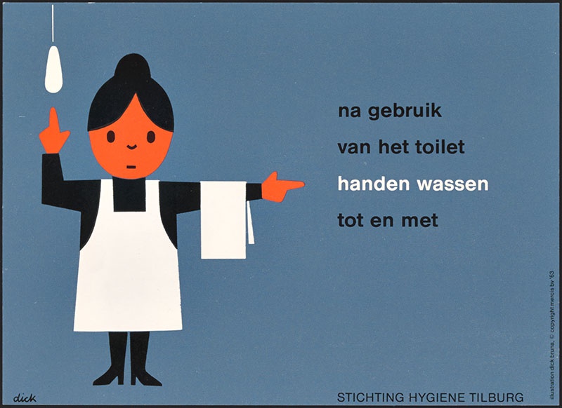 voorlichtingsmateriaal met de tekst; 'na gebruik van het toilet handen wassen tot en met', in opdracht van de Stichting ter Bevordering Hygiënische Gewoonten in Tilburg