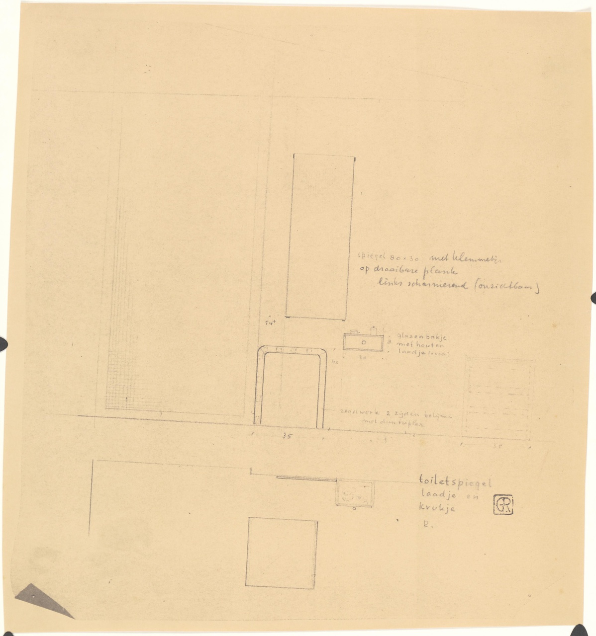 Woonslaapkamer 'de nieuwe woning' , Metz & Co, 's-Gravenhage (toiletspiegel met laatje, compositie van spiegel, ladekastje en krukje)