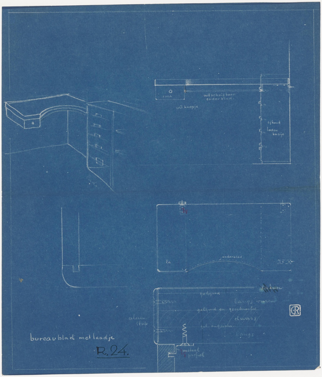 Woonslaapkamer 'de nieuwe woning' , Metz & Co, 's-Gravenhage, bureaublad met laatje, R 24