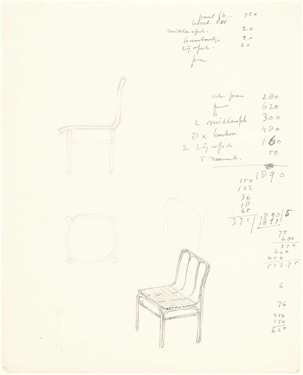 Ontwerpen stoelen (stoel met drie gebogen stijlen in de rugleuning)