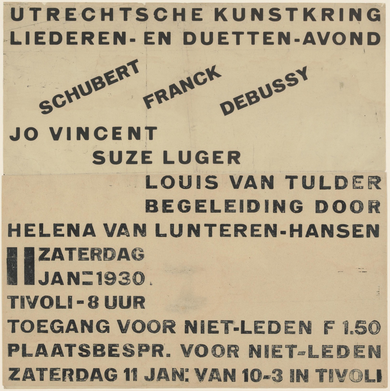 Affiche 'Utrechtsche Kunstkring liederen- en duettenavond'