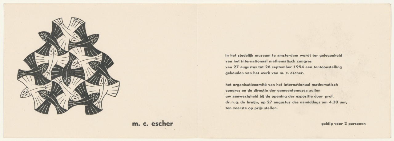 Uitnodiging voor tentoonstelling Escher in 1954. Op de buitenzijde schets van een keukenblokje en schets van gebouw.