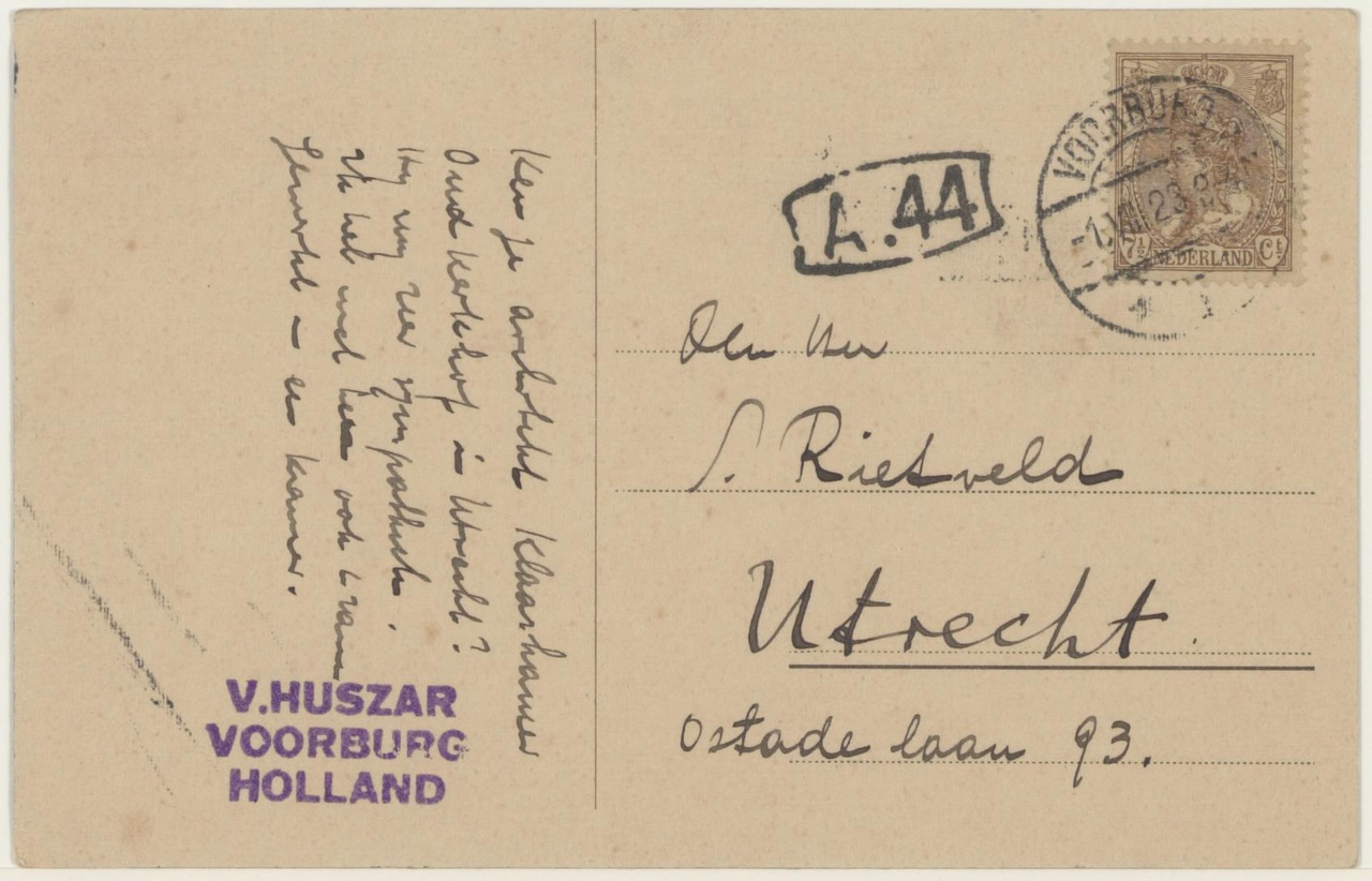 Briefkaart van Vilmos Huszár aan Gerrit Thomas Rietveld