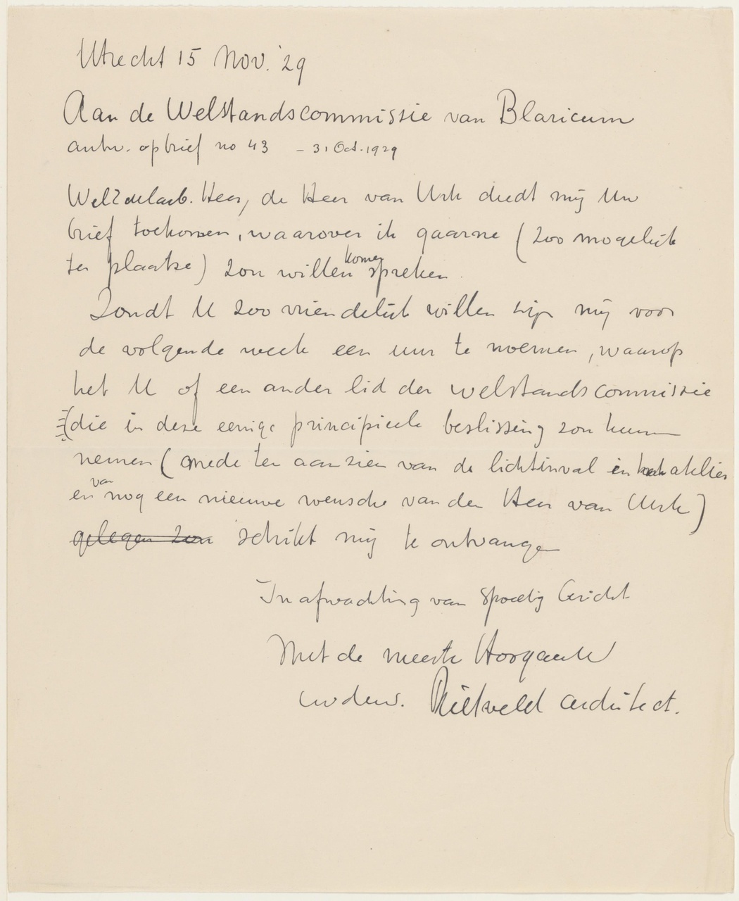 Brief van G. Rietveld aan Welstandscommissie Blaricum