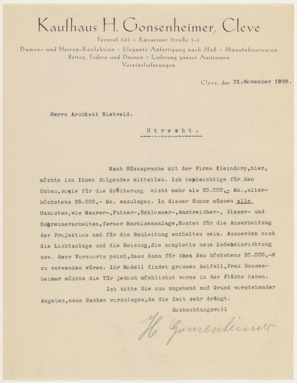 Brief van H. Gonsenheimer aan G. Rietveld
