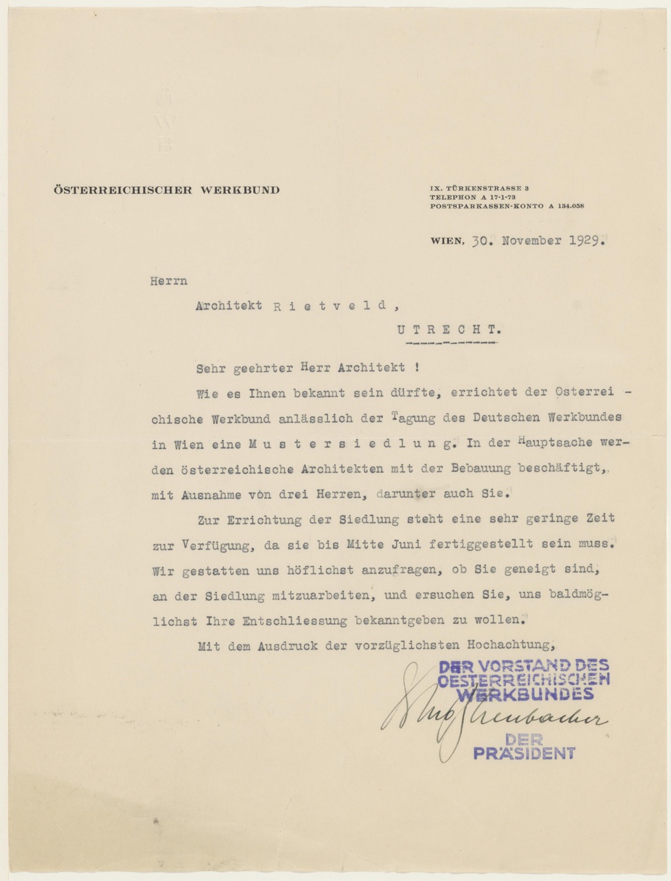 Brief van Österreichischer Werkbund aan G. Rietveld