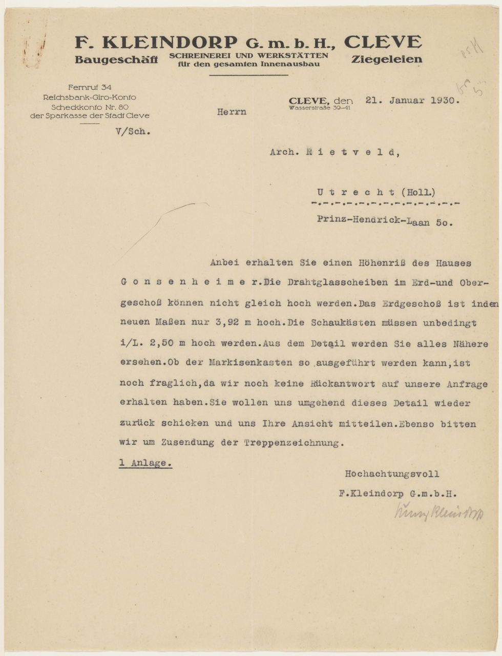 Brief van F. Kleindorp aan G. Rietveld