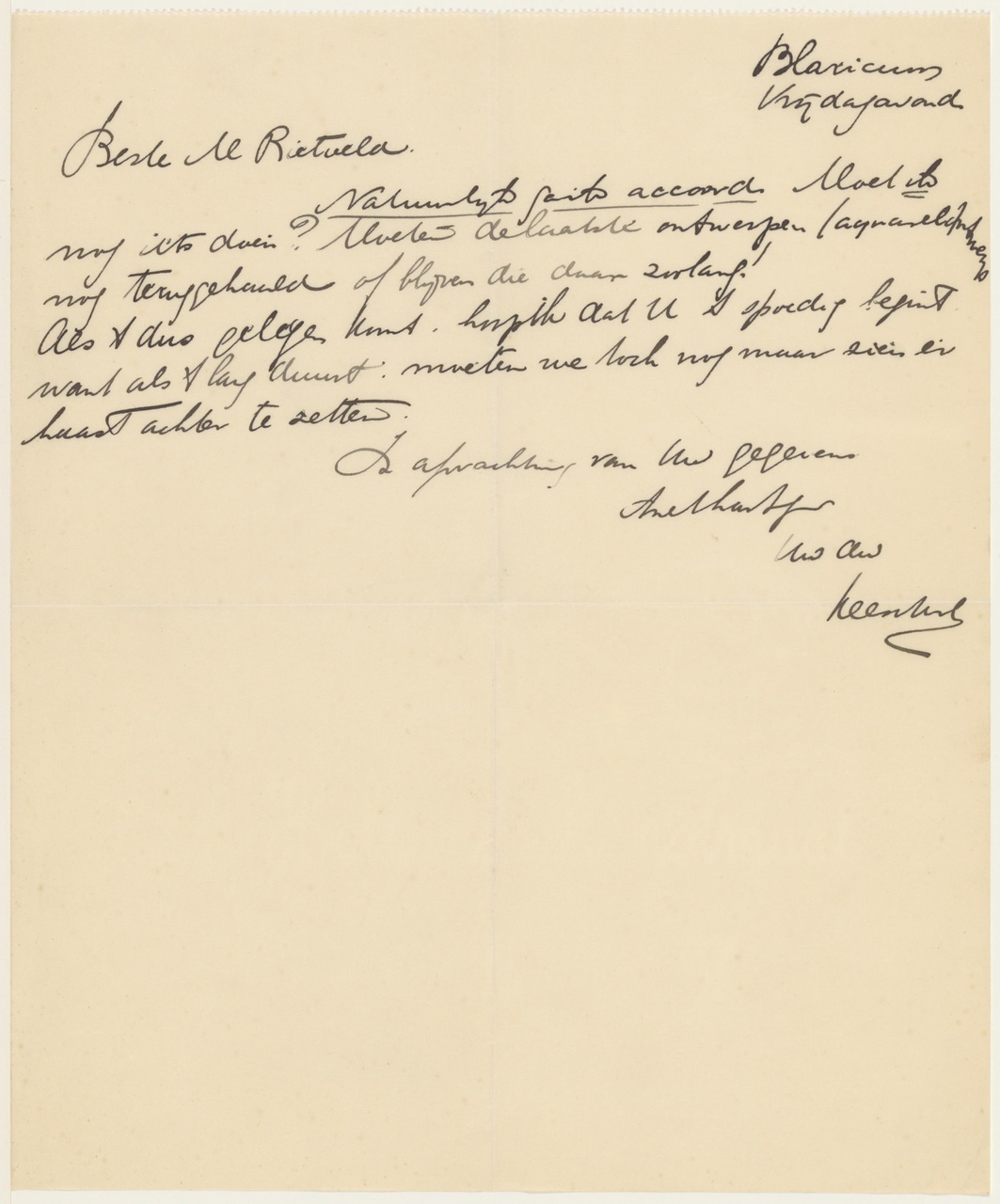 Brief van K. van Urk aan G. Rietveld