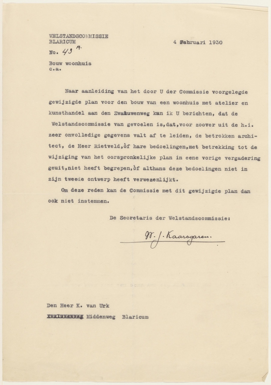 Brief van Welstandscommissie Blaricum aan K. van Urk